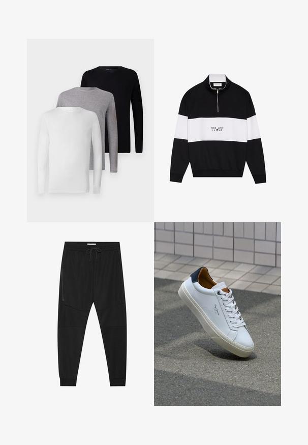 Pier One Sweatshirt - jet black; Set aus fünf Langarm-T-Shirts: schwarz, weiß, grau. Aus Baumwolle hergestellt, mit Rundhalsausschnitten und einfachen, unverzierten Designs.; Schwarze Sporthosen aus strukturiertem Stoff, mit verstellbarem Bund, seitlicher Reißverschlusstasche und schmal zulaufenden Bündchen.; Weiße Ledersneaker mit navyfarbenem Fersenbereich, runder Zehenpartie und kontrastierenden braunen Akzenten. Verfügt über flache Schnürsenkel und eine strukturierte Gummisohle.