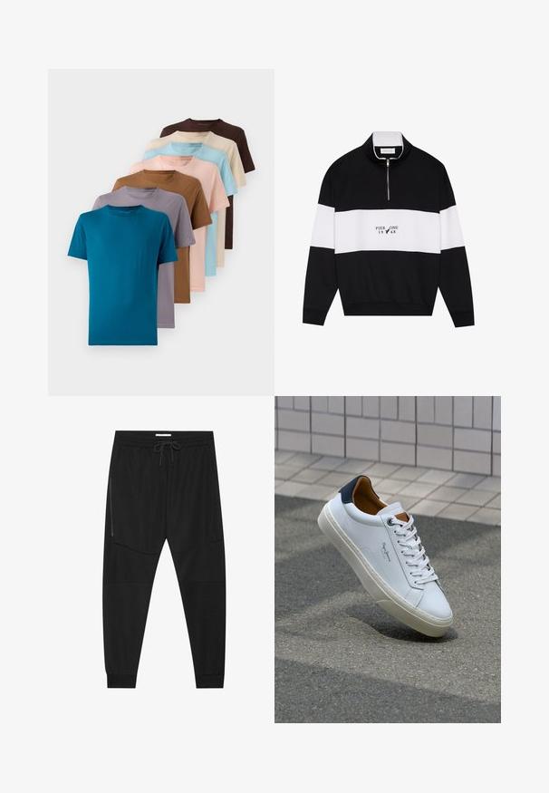 Pier One Sweatshirt - jet black; Set of eight crew neck t-shirts in various colors: teal, brown, beige, light blue, light pink, gray, and lavender, made from smooth fabric.; Black athletic pants made of textured fabric, featuring an adjustable waistband, zippered side pocket, and tapered cuffs.; White leather sneaker with a navy heel, round toe, and contrasting brown accents. Features flat laces and textured rubber sole.