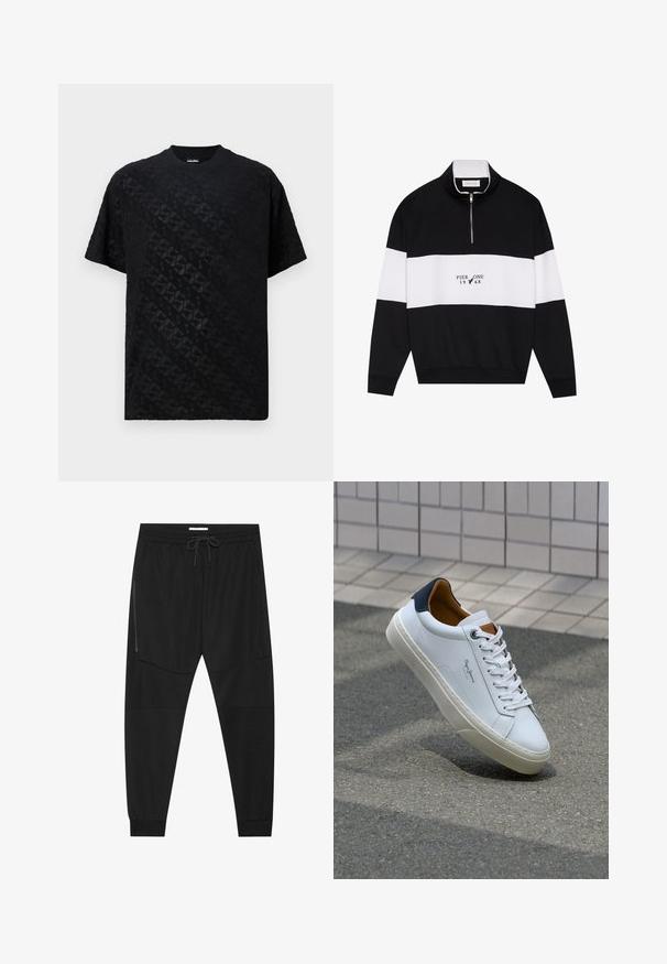 Pier One Ikdienas džemperis - jet black; Melna īsām piedurknēm T-krekls ar teksturētu, rakstainu virsmu un ģeometrisku dizainu, ar apaļu kakla izgriezumu un brīvu piegriezumu.; Melnas sporta bikses, izgatavotas no teksturēta auduma, ar regulējamu jostu, ar rāvējslēdzēju sānu kabatu un sašaurinātiem galiem.; Baltas ādas čības ar tumši zilu papēdi, apaļu purngalu un kontrastējošām brūnām detaļām. Aprīkotas ar plakanu auklu un struktūrētu gumijas zoli.