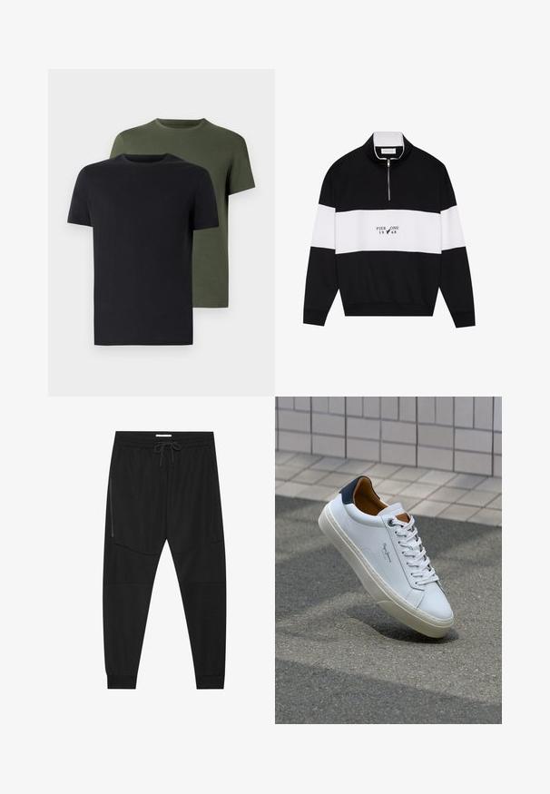 Pier One Collegepaita - jet black; Kaksi miehen kaula-aukolla varustettua t-paitaa mustana ja oliivinvihreänä, valmistettu pehmeästä puuvillakankaasta. Suunnittelu on yksinkertainen, lyhyet hihat ja suora leikkaus.; Mustat urheiluhousut, jotka on valmistettu teksturoidusta kankaasta. Housuissa on säädettävä vyötärö, vetoketjullinen sivutasku ja kapenevat hihnat.; Valkoinen nahkakenkä, jossa on tummansininen kantapää, pyöreä kärki ja ristikkäiset ruskeat korostukset. Varustettu tasapaksuilla nauhoilla ja teksturoidulla kumipohjalla.