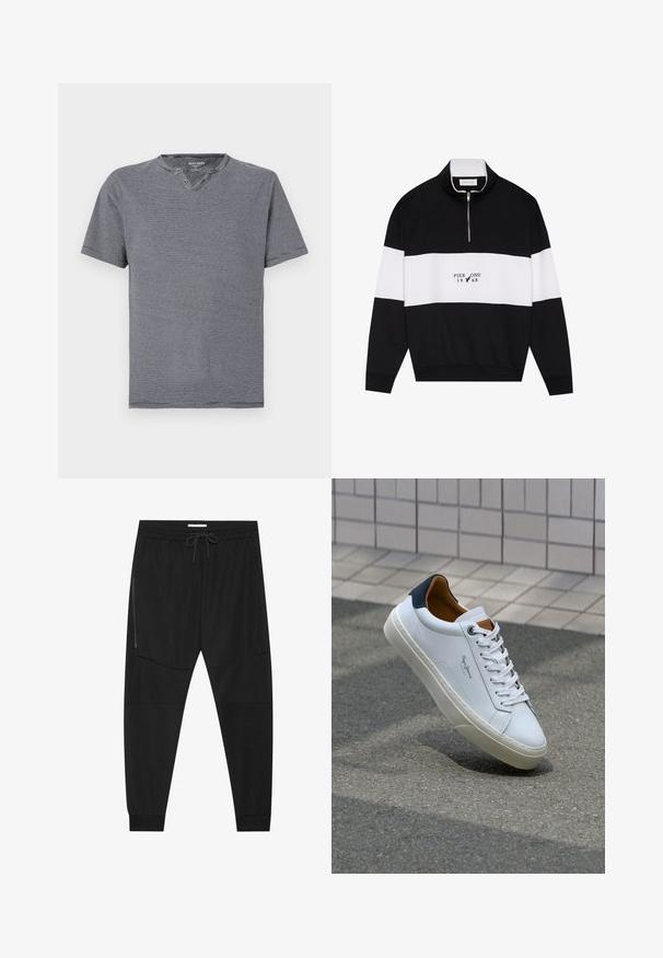 Pier One Sweater - jet black; Korte mouwen, marineblauw en wit gestreept T-shirt met een ronde hals en twee knopen, vervaardigd van zachte katoenstof.; Zwarte sportbroeken van textuurstof, met een verstelbare tailleband, een ritssluiting opzij en tapered boorden.; Witte leren sneaker met een marineblauwe hiel, ronde neus en contrasterende bruin accent. Beschikt over platte veters en een gestructureerde rubberen zool.