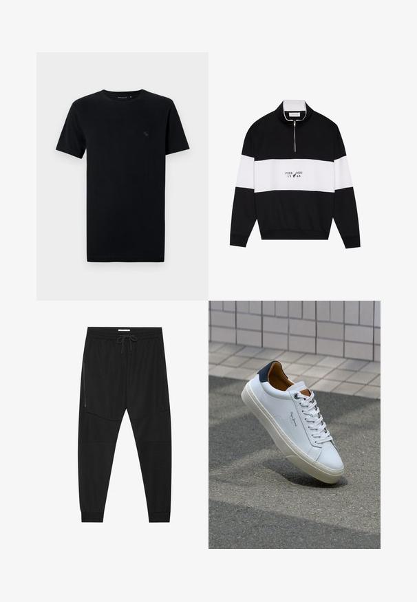 Pier One Športni pulover - jet black; Črna bombažna majica s kratkimi rokavi, okroglo ovratnikom, ki se ponaša z majhnim, diskretnim logotipom v usklajeni barvi na levem predelu prsij.; Črne športne hlače iz teksturirane tkanine, z nastavljivim pasom, stranskim žepom na zadrgo in zoženimi manšeti.; Beli usnjeni čevelj s plavo peto, okrogelimi prsti in kontrastnimi rjavimi detajli. Ima ravne vezalke in teksturiran gumijast podplat.