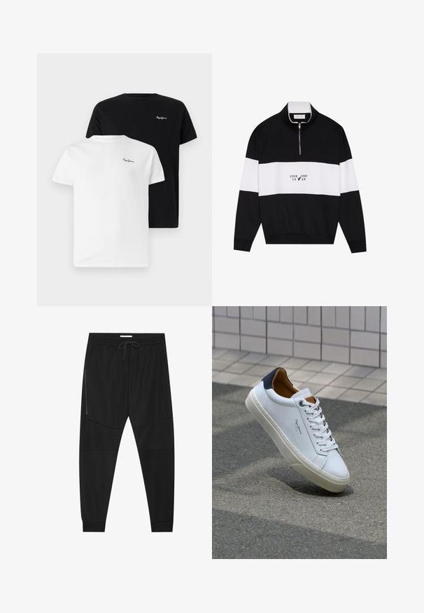 Pier One Mikina - jet black; Dvě trička s krátkým rukávem v černé a bílé bavlně, s malým vyšitým logem "Pepe Jeans" na hrudi. Klasický design s kulatým výstřihem.; Černé sportovní kalhoty vyrobené z texturované tkaniny, s nastavitelným pasem, boční kapsou na zip a siženými manžetami.; Bílé kožené tenisky s námořnickým podpatkem, kulatou špičkou a kontrastními hnědými detaily. Obsahují ploché tkaničky a texturovanou gumovou podrážku.