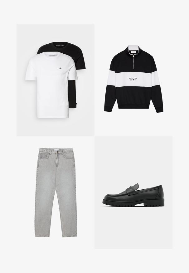 Pier One Sportinis megztinis - jet black; Du džiuto marškiniai: vieni balti su mažu logotipu ant krūtinės, o kiti juodi. Abu turi trumpas rankoves ir klasikinį apvalų iškirpimą.; Šviesiai pilki džinsai su tiesiu kirpimu, penkiais kišenėmis ir mygtuko uždarymu. Matoma siuvimo linija palei siūles.; Juodi odiniai loaferiai su apvalia nosimi, su siuvinėtu dizainu, žemu platformos padu ir tekstūruotu, sukibimo raštu padu.
