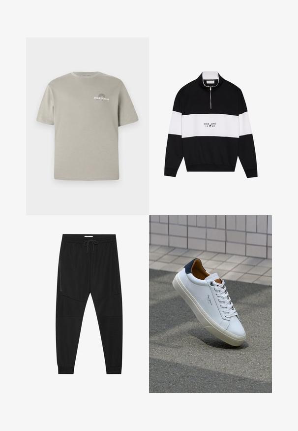 Pier One Sweatshirt - jet black; Light gray cotton t-shirt with short sleeves, round neckline, and a small "ATHLETIC CLUB" graphic on the chest. Smooth texture.; Black athletic pants made of textured fabric, featuring an adjustable waistband, zippered side pocket, and tapered cuffs.; White leather sneaker with a navy heel, round toe, and contrasting brown accents. Features flat laces and textured rubber sole.