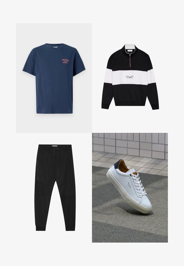 Pier One Melegítőfelső - jet black; Sötétkék pamut póló, kerek nyakkal, rövid ujjú kivitelben, bal mellen egy kis piros grafikával, amelyen az áll: "AZ ÉLET ÚTJÁRA 1947-BEN ALAPÍTVA."; Fekete sportnadrág texturált anyagból, állítható derékkal, cipzáras oldalzsebbel és szűkített szegéllyel.; Fehér bőr sneaker sötétkék sarkúval, kerek orral és kontrasztos barna részletekkel. Lapított fűzőkkel és textúrált gumitalppal rendelkezik.