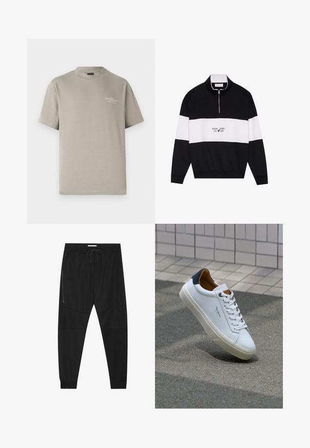 Pier One Pusa - jet black; Khaki lühikeste varrukatega T-särk ümmarguse kaelusega, valmistatud puuvillast, millel on väike trükitud tekst detail ülemises vasakus rinnapiirkonnas.; Mustad mustad teksitootest valmistatud mustad treeningpüksid, millel on reguleeritav vöökoht, tõmblukuga küljetasku ja kitsenevad varrukad.; Valge nahast tennis, millel on tumesinine konts, ümmargune nina ja kontrastsed pruuni aktsendid. Omab lamepaelti ja tekstureeritud kummist tallat.