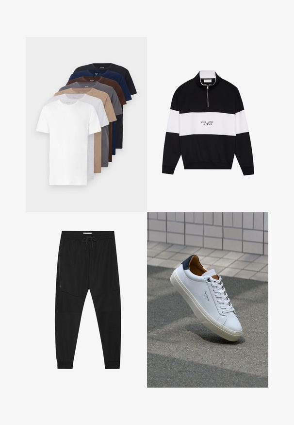 Pier One - Bluza; Osiem koszulek bawełnianych z krótkimi rękawami w różnych kolorach: biały, szary, beżowy, brązowy, granatowy i czarny; klasyczny okrągły dekolt i miękka tekstura.; Czarne spodenki sportowe z teksturowanej tkaniny, z regulowanym paskiem w talii, zasuwaną kieszenią boczną oraz zwężanymi mankietami.; Białe skórzane trampki z granatowym piętkiem, okrągłym noskiem i kontrastowymi brązowymi akcentami. Posiadają płaskie sznurówki i teksturowaną gumową podeszwę.