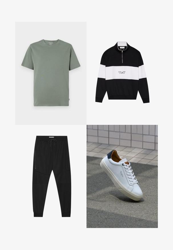 Pier One Sweatshirt - jet black; Short-sleeve T-shirt in light green, made of soft fabric, with a crew neckline and stitched hem, featuring no visible patterns or designs.; Black athletic pants made of textured fabric, featuring an adjustable waistband, zippered side pocket, and tapered cuffs.; White leather sneaker with a navy heel, round toe, and contrasting brown accents. Features flat laces and textured rubber sole.