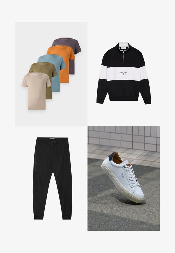 Pier One Sweatshirt - jet black; Five crew neck t-shirts displayed in a row, featuring beige, olive green, light blue, orange, and dark purple colors. Smooth fabric texture.; Black athletic pants made of textured fabric, featuring an adjustable waistband, zippered side pocket, and tapered cuffs.; White leather sneaker with a navy heel, round toe, and contrasting brown accents. Features flat laces and textured rubber sole.