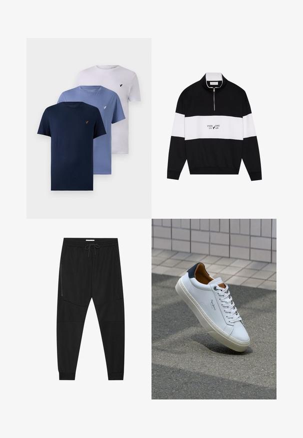Pier One Collegepaita - jet black; Kolme pyöreäkaulaista t-paitaa tummansinisinä, vaaleansinisinä ja valkoisina. Valmistettu puuvillasta pehmeällä tekstuurilla, jossa on pieni logo rinnassa.; Mustat urheiluhousut, jotka on valmistettu teksturoidusta kankaasta. Housuissa on säädettävä vyötärö, vetoketjullinen sivutasku ja kapenevat hihnat.; Valkoinen nahkakenkä, jossa on tummansininen kantapää, pyöreä kärki ja ristikkäiset ruskeat korostukset. Varustettu tasapaksuilla nauhoilla ja teksturoidulla kumipohjalla.
