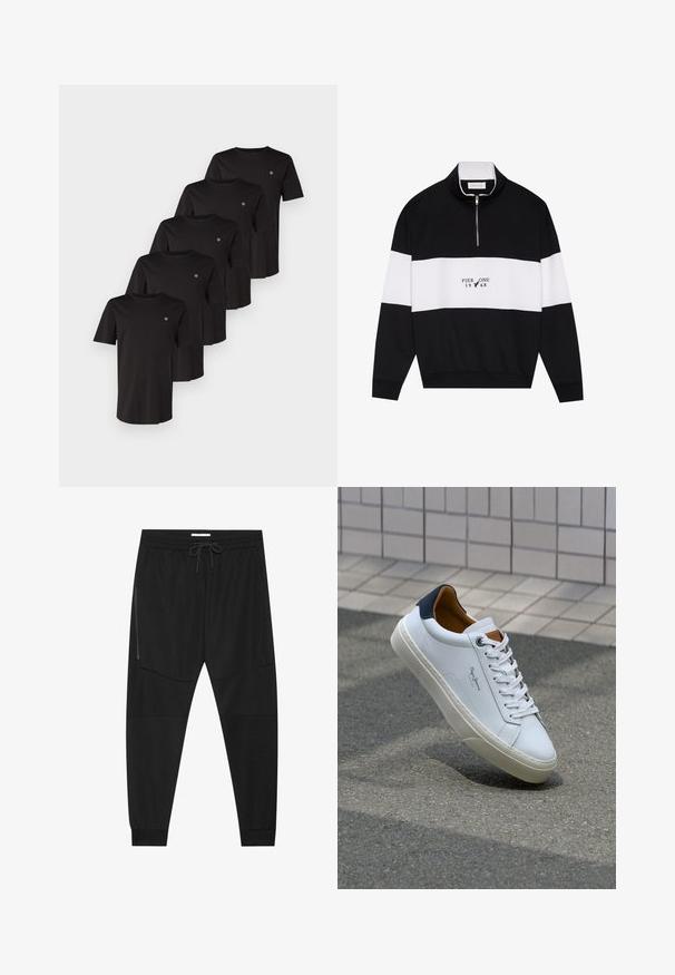 Pier One Športni pulover - jet black; Črne bombažne majice s kratkimi rokavi, okroglim ovratnikom in majhnim logotipom na levem prsnem delu, prikazane v kupu petih.; Črne športne hlače iz teksturirane tkanine, z nastavljivim pasom, stranskim žepom na zadrgo in zoženimi manšeti.; Beli usnjeni čevelj s plavo peto, okrogelimi prsti in kontrastnimi rjavimi detajli. Ima ravne vezalke in teksturiran gumijast podplat.