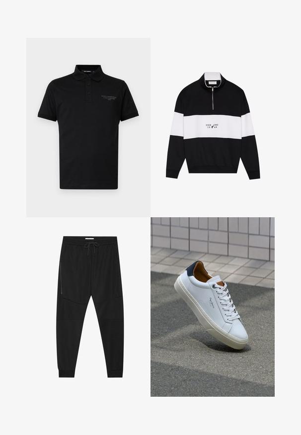 Pier One Camisola - jet black; Polo preto feito de um tecido leve, apresentando um colarinho clássico, abertura com três botões e um bordado discreto do logo no peito.; Calças de treino pretas feitas de tecido texturizado, com uma cintura ajustável, bolso lateral com fecho e punhos afunilados.; Sapatilha de couro branco com calcanhar azul marinho, bico redondo e detalhes em castanho contrastantes. Apresenta atacadores planos e sola de borracha texturizada.