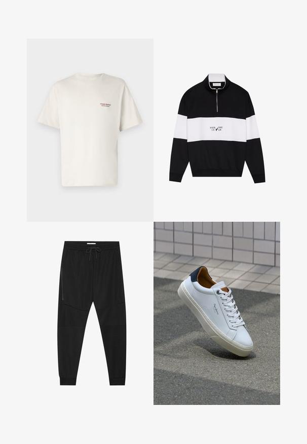Pier One Sweatshirt - jet black; Kremfarget bomull t-skjorte med korte ermer, med en liten rød trykt logo på venstre brystområde. Enkel, klassisk design.; Sorte treningsbukser laget av teksturert stoff, med justerbart liv, glidelåslomme på siden og avsmalnende mansjetter.; Hvit lærsneaker med marineblå hæl, rund tå og kontrasterende brune detaljer. Har flate lisser og teksturert gummisåle.