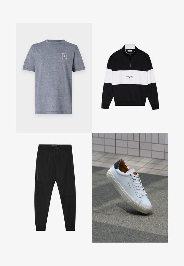 Pier One Sweatshirt - jet black; Grå kortermet t-skjorte laget av bomullsblandingsstoff, med et kvadratisk logo på øverste venstre bryst og rund hals.; Sorte treningsbukser laget av teksturert stoff, med justerbart liv, glidelåslomme på siden og avsmalnende mansjetter.; Hvit lærsneaker med marineblå hæl, rund tå og kontrasterende brune detaljer. Har flate lisser og teksturert gummisåle.