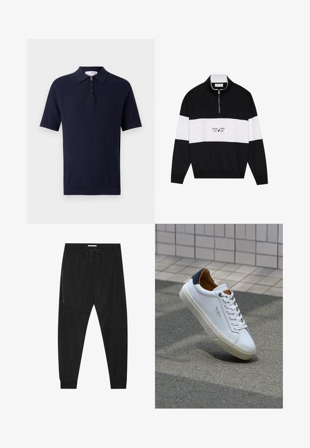 Pier One Melegítőfelső - jet black; Tengerész kék, rövid ujjú pólóing texturált bordázott dizájnnal és fél cipzárral. Klasszikus gallér jellemzi és sima anyagból készült.; Fekete sportnadrág texturált anyagból, állítható derékkal, cipzáras oldalzsebbel és szűkített szegéllyel.; Fehér bőr sneaker sötétkék sarkúval, kerek orral és kontrasztos barna részletekkel. Lapított fűzőkkel és textúrált gumitalppal rendelkezik.