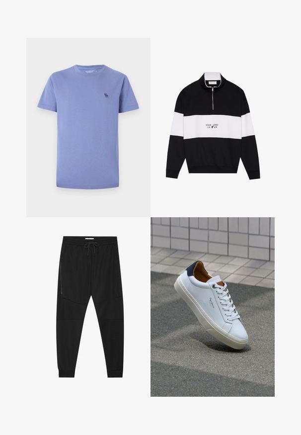 Pier One Športni pulover - jet black; Svetlo sivolavanda bombažna majica, kroj z okroglo ovratnikom, kratkimi rokavi, ki ima na levem prsnem delu našit majhen logo v temnejši odtenku.; Črne športne hlače iz teksturirane tkanine, z nastavljivim pasom, stranskim žepom na zadrgo in zoženimi manšeti.; Beli usnjeni čevelj s plavo peto, okrogelimi prsti in kontrastnimi rjavimi detajli. Ima ravne vezalke in teksturiran gumijast podplat.