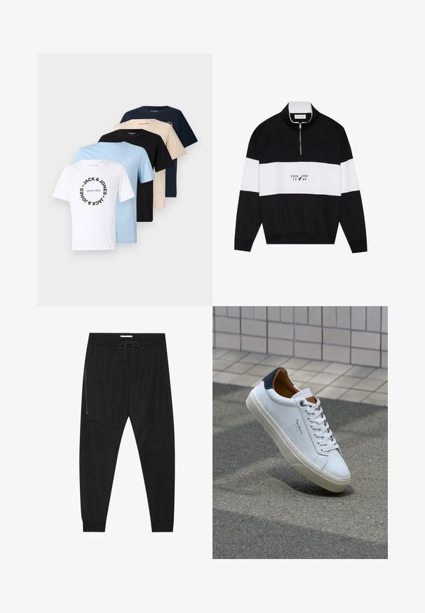 Pier One - Bluza; Zestaw pięciu koszulek w kolorach białym, jasnoniebieskim, czarnym, beżowym i granatowym. Styl z okrągłym dekoltem z nadrukiem graficznym na białej i jasnoniebieskiej koszulce.; Czarne spodenki sportowe z teksturowanej tkaniny, z regulowanym paskiem w talii, zasuwaną kieszenią boczną oraz zwężanymi mankietami.; Białe skórzane trampki z granatowym piętkiem, okrągłym noskiem i kontrastowymi brązowymi akcentami. Posiadają płaskie sznurówki i teksturowaną gumową podeszwę.