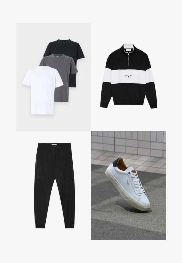 Pier One Športni pulover - jet black; Tri kratke majice s kratkimi rokavi, postavljene navpično: bela, siva in črna. Vsaka ima okroglo ovratnico in gladko bombažno teksturo.; Črne športne hlače iz teksturirane tkanine, z nastavljivim pasom, stranskim žepom na zadrgo in zoženimi manšeti.; Beli usnjeni čevelj s plavo peto, okrogelimi prsti in kontrastnimi rjavimi detajli. Ima ravne vezalke in teksturiran gumijast podplat.