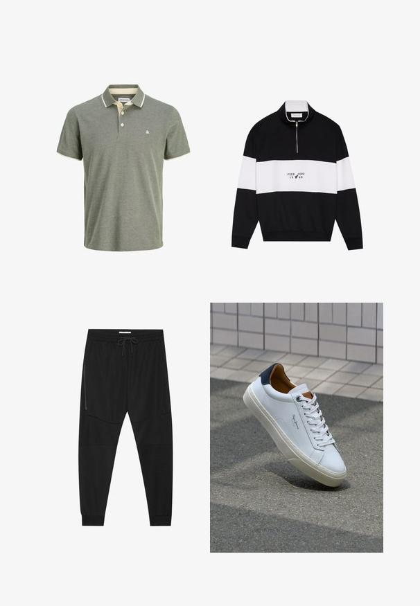 Pier One Sweatshirt - jet black; Grøn polo skjorte med en struktureret overflade, der har en krave med cremefarvet kant, to knaplukninger og et lille logo på brystet.; Sorte træningsbukser lavet af tekstureret stof, med justerbar talje, lynlåslomme på siden og tapered cuffs.; Hvide lædersneakers med en marineblå hæl, rund tå og kontrasterende brune detaljer. Har flade snørebånd og en tekstureret gummisål.