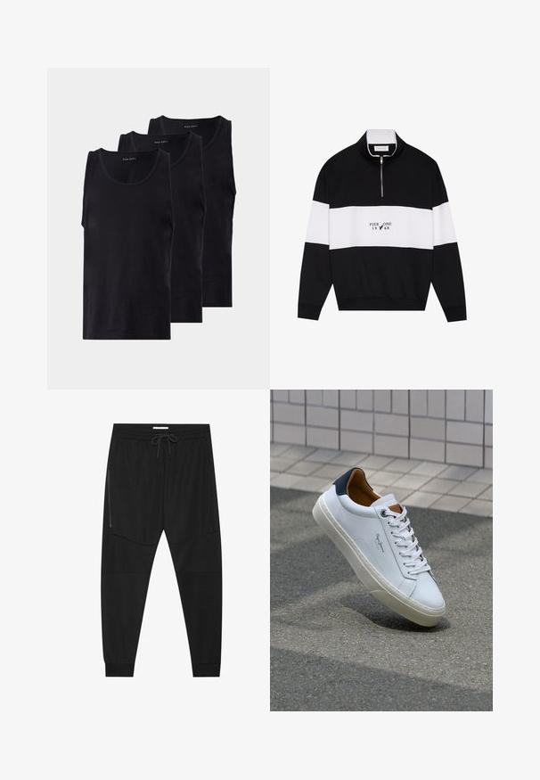 Pier One Camisola - jet black; Tops de algodão pretos em um pacote de três, com decote redondo e design sem mangas, textura suave e um corte clássico.; Calças de treino pretas feitas de tecido texturizado, com uma cintura ajustável, bolso lateral com fecho e punhos afunilados.; Sapatilha de couro branco com calcanhar azul marinho, bico redondo e detalhes em castanho contrastantes. Apresenta atacadores planos e sola de borracha texturizada.