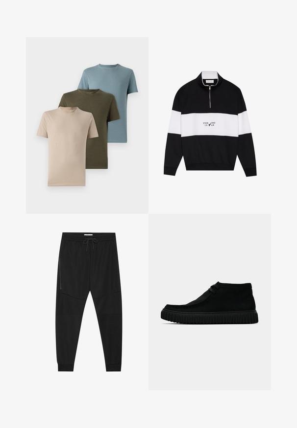 Pier One Sudadera - jet black; Tres camisetas de manga corta en beige, verde oliva y azul claro, hechas de una tela suave con escote redondo y un diseño liso.; Pantalones deportivos negros hechos de tejido texturizado, con una cinturilla ajustable, bolsillo lateral con cremallera y puños ajustados.; Botas negras hasta el tobillo hechas de material suave, con punta redondeada, minimalismo en el cordaje y una suela de goma texturizada con surcos verticales.