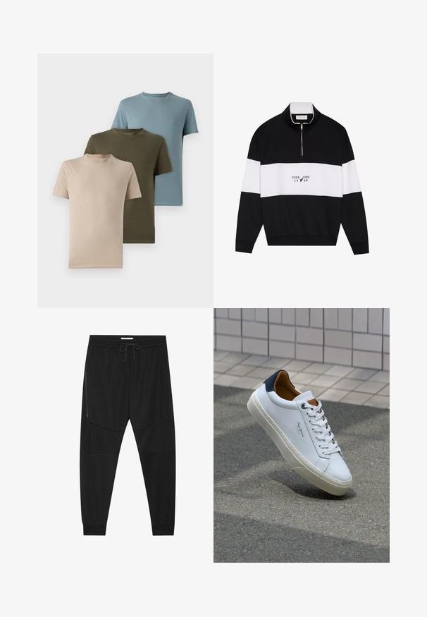 Pier One Sweatshirt - jet black; Tre kortermede t-skjorter i beige, olivengrønn og lyseblå, laget av myk stoff med rund hals og et ensfarget design.; Sorte treningsbukser laget av teksturert stoff, med justerbart liv, glidelåslomme på siden og avsmalnende mansjetter.; Hvit lærsneaker med marineblå hæl, rund tå og kontrasterende brune detaljer. Har flate lisser og teksturert gummisåle.