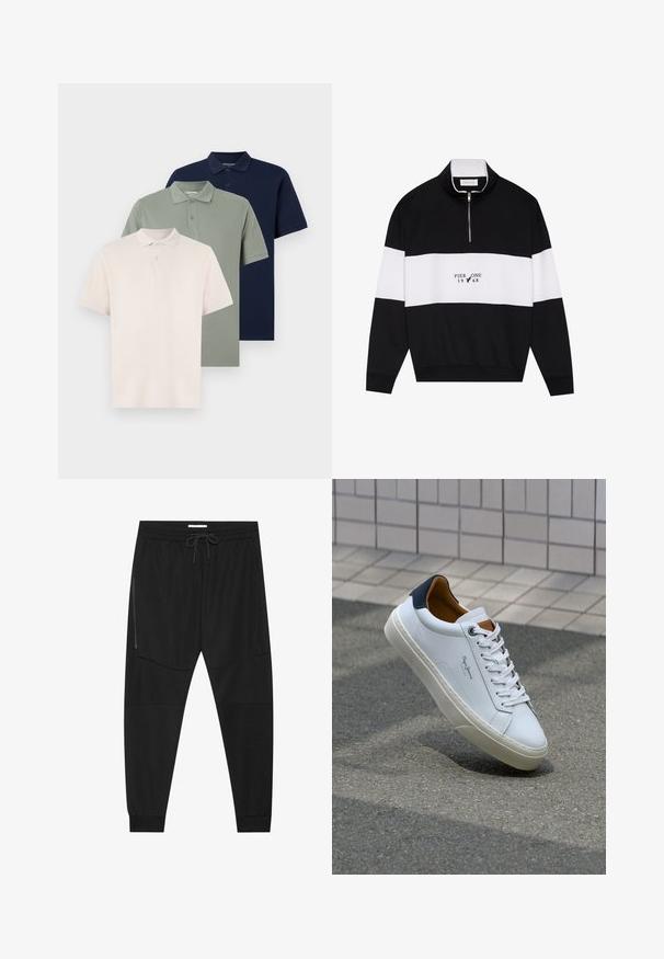 Pier One - Bluza; Trzy krótkie koszulki polo w jasnoróżowym, oliwkowym i granatowym kolorze, z zapięciem na guziki oraz prostym, klasycznym wzorem.; Czarne spodenki sportowe z teksturowanej tkaniny, z regulowanym paskiem w talii, zasuwaną kieszenią boczną oraz zwężanymi mankietami.; Białe skórzane trampki z granatowym piętkiem, okrągłym noskiem i kontrastowymi brązowymi akcentami. Posiadają płaskie sznurówki i teksturowaną gumową podeszwę.