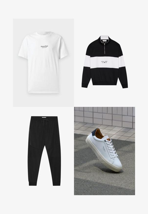 Pier One Sudadera - jet black; Camiseta de algodón blanca de manga corta, con el texto "Palmiera Pantó" y "VENICE BEACH" en negro, en un estilo de escritura, en el frente.; Pantalones deportivos negros hechos de tejido texturizado, con una cinturilla ajustable, bolsillo lateral con cremallera y puños ajustados.; Zapatilla de cuero blanca con talón en azul marino, punta redonda y acentos en marrón a contraste. Presenta cordones planos y suela de goma texturizada.