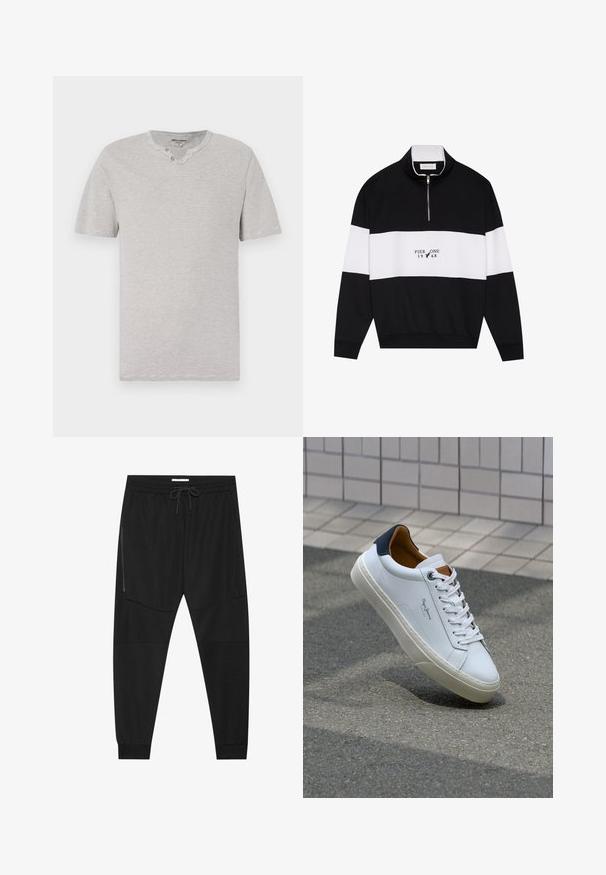 Pier One Športni pulover - jet black; Kratke rukave, sivo-bela prugasta majica s krojem okruglog izreza in dvema gumboma na vratu. Mehak material s sproščenim krojem.; Črne športne hlače iz teksturirane tkanine, z nastavljivim pasom, stranskim žepom na zadrgo in zoženimi manšeti.; Beli usnjeni čevelj s plavo peto, okrogelimi prsti in kontrastnimi rjavimi detajli. Ima ravne vezalke in teksturiran gumijast podplat.