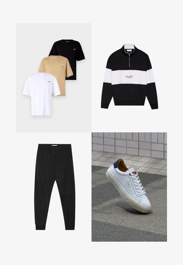 Pier One Sweater - jet black; Drie T-shirts met korte mouwen gestapeld: wit, beige en zwart. Elk heeft een ronde hals en een klein logo op de linkerkant van de borst. Katoenen materiaal.; Zwarte sportbroeken van textuurstof, met een verstelbare tailleband, een ritssluiting opzij en tapered boorden.; Witte leren sneaker met een marineblauwe hiel, ronde neus en contrasterende bruin accent. Beschikt over platte veters en een gestructureerde rubberen zool.