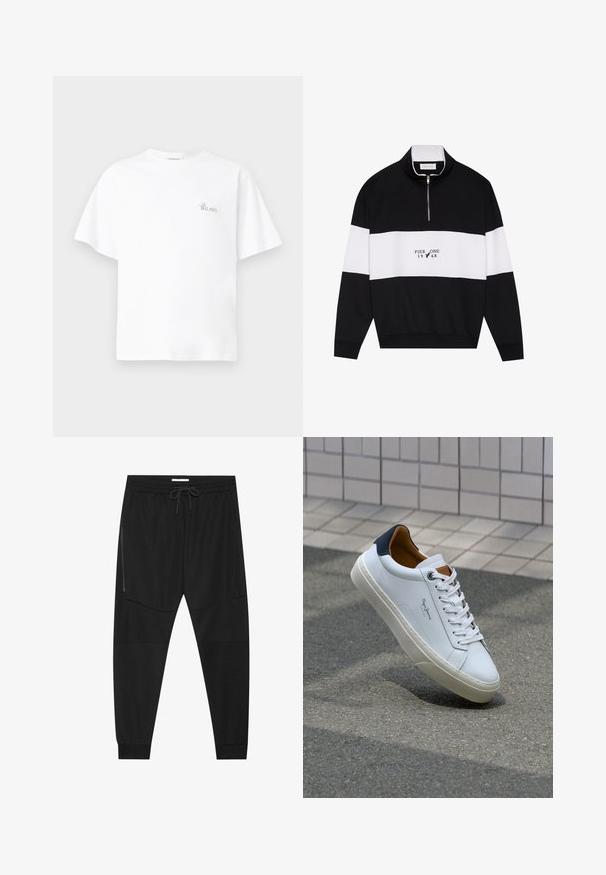 Pier One Sweatshirt - jet black; White cotton T-shirt with a relaxed fit, round neck, short sleeves, and a small "La Bellavista" logo embroidered on the chest.; Black athletic pants made of textured fabric, featuring an adjustable waistband, zippered side pocket, and tapered cuffs.; White leather sneaker with a navy heel, round toe, and contrasting brown accents. Features flat laces and textured rubber sole.
