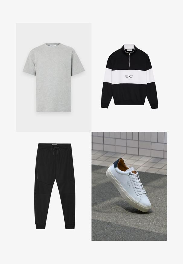 Pier One Felpa - jet black; T-shirt in cotone grigio con collo a giro, maniche corte e vestibilità comoda. Texture liscia senza motivi o dettagli visibili.; Pantaloni sportivi neri in tessuto texturizzato, dotati di una vita regolabile, tasca laterale con zip e polsini a gamba affusolata.; Sneaker bianca in pelle con tallone blu, punta rotonda e accenti marroni a contrasto. Presenta lacci piatti e suola in gomma testurizzata.