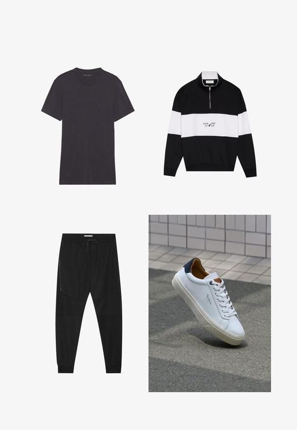 Pier One Sportska majica - jet black; Tamno siva kratki rukav majica od mekanog, glatkog materijala. Okrugli izrez s čistim šavovima bez ukrasa ili uzoraka.; Crne sportske hlače od teksturirane tkanine, s podesivim pojasom, bočnim džepom sa zatvaračem i suženim manžetama.; Bijela kožna tenisica s mornarskom petom, okruglim vrhom i kontrastnim smešnim akcentima. Sadrži ravne vezice i teksturiranu gumenu potplat.