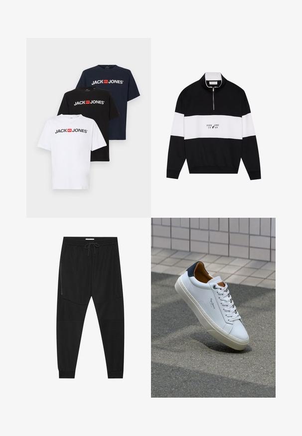 Pier One Športni pulover - jet black; Tri kratke majice s kratkimi rokavi v beli, črni in mornarsko modri barvi z rdečim logotipom "JACK & JONES" na sprednji strani. Narejene so iz bombaža z gladko površino.; Črne športne hlače iz teksturirane tkanine, z nastavljivim pasom, stranskim žepom na zadrgo in zoženimi manšeti.; Beli usnjeni čevelj s plavo peto, okrogelimi prsti in kontrastnimi rjavimi detajli. Ima ravne vezalke in teksturiran gumijast podplat.