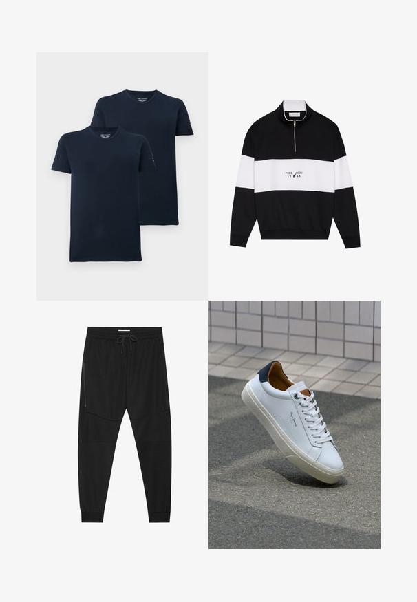 Pier One Sweater - jet black; Marineblauwe katoenen T-shirts, korte mouwen, ronde hals, tagloos ontwerp, twee-pack, gladde textuur, minimale branding op de mouwen.; Zwarte sportbroeken van textuurstof, met een verstelbare tailleband, een ritssluiting opzij en tapered boorden.; Witte leren sneaker met een marineblauwe hiel, ronde neus en contrasterende bruin accent. Beschikt over platte veters en een gestructureerde rubberen zool.