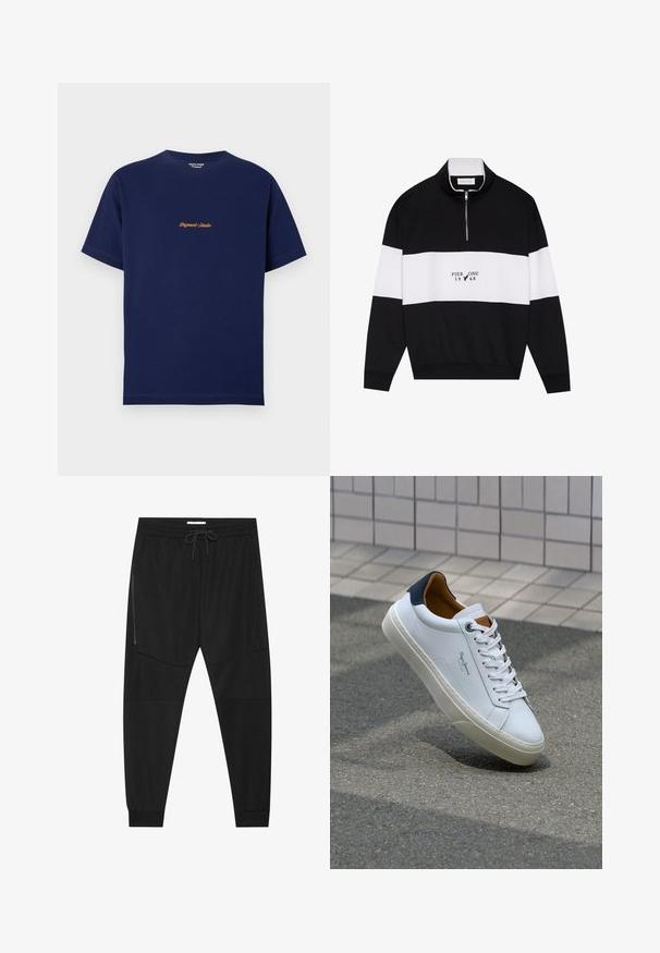 Pier One Sweatshirt - jet black; Navy blue cotton t-shirt with short sleeves, round neckline, and orange embroidered text "Originals Studio" on the front center.; Black athletic pants made of textured fabric, featuring an adjustable waistband, zippered side pocket, and tapered cuffs.; White leather sneaker with a navy heel, round toe, and contrasting brown accents. Features flat laces and textured rubber sole.