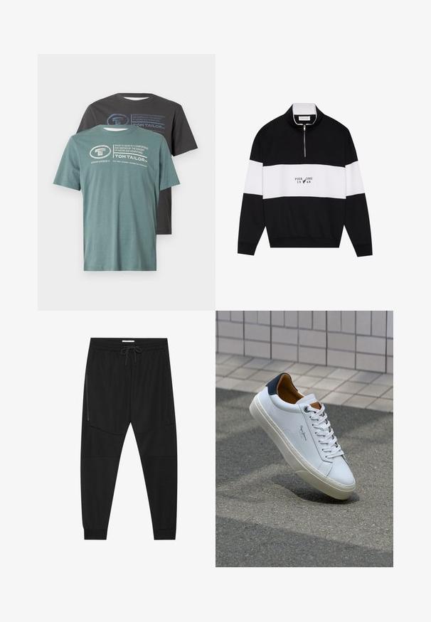 Pier One Sweatshirt - jet black; To crew-neck T-shirts stablet: en i mørkegrøn med hvidt print, den anden i sort med blåt print. Begge lavet af blødt bomuldsstof.; Sorte træningsbukser lavet af tekstureret stof, med justerbar talje, lynlåslomme på siden og tapered cuffs.; Hvide lædersneakers med en marineblå hæl, rund tå og kontrasterende brune detaljer. Har flade snørebånd og en tekstureret gummisål.