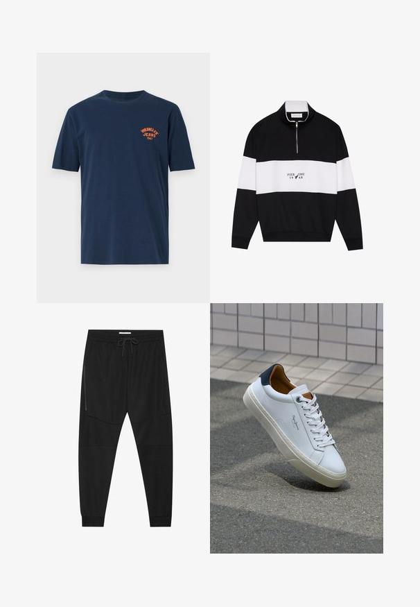 Pier One - Bluza; Granatowa bawełniana koszulka z krótkim rękawem, z okrągłym dekoltem i pomarańczowym haftowanym logo "Wrangler Jeans 1947" na piersi.; Czarne spodenki sportowe z teksturowanej tkaniny, z regulowanym paskiem w talii, zasuwaną kieszenią boczną oraz zwężanymi mankietami.; Białe skórzane trampki z granatowym piętkiem, okrągłym noskiem i kontrastowymi brązowymi akcentami. Posiadają płaskie sznurówki i teksturowaną gumową podeszwę.