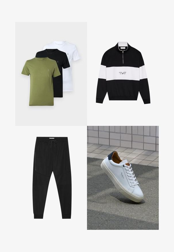 Pier One Mikina - jet black; Tři trička s krátkým rukávem v olivově zelené, černé a bílé barvě. Každé má kulatý výstřih a malé logo na levé hrudi.; Černé sportovní kalhoty vyrobené z texturované tkaniny, s nastavitelným pasem, boční kapsou na zip a siženými manžetami.; Bílé kožené tenisky s námořnickým podpatkem, kulatou špičkou a kontrastními hnědými detaily. Obsahují ploché tkaničky a texturovanou gumovou podrážku.