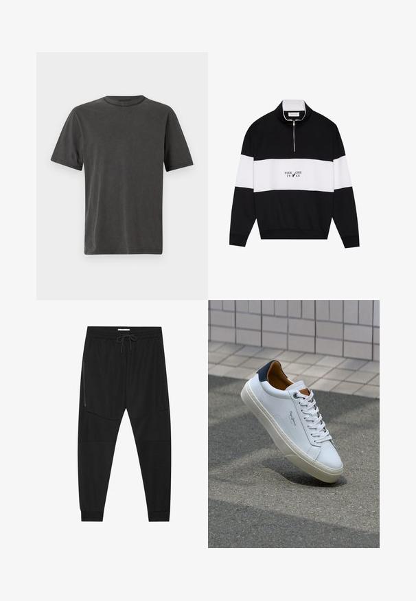 Pier One Sweatshirt - jet black; Short-sleeved, crew-neck t-shirt in dark gray cotton. Soft texture with a subtle, matte finish and reinforced stitching at the hems.; Black athletic pants made of textured fabric, featuring an adjustable waistband, zippered side pocket, and tapered cuffs.; White leather sneaker with a navy heel, round toe, and contrasting brown accents. Features flat laces and textured rubber sole.