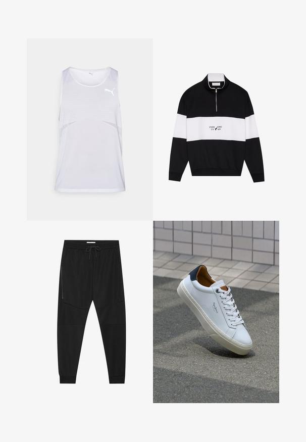 Pier One Ikdienas džemperis - jet black; Balts sporta t-krekls, kas izgatavots no elpojoša auduma, ar acu tekstūru un smalku gradienta dizainu, uz krūtīm ir neliels logo.; Melnas sporta bikses, izgatavotas no teksturēta auduma, ar regulējamu jostu, ar rāvējslēdzēju sānu kabatu un sašaurinātiem galiem.; Baltas ādas čības ar tumši zilu papēdi, apaļu purngalu un kontrastējošām brūnām detaļām. Aprīkotas ar plakanu auklu un struktūrētu gumijas zoli.