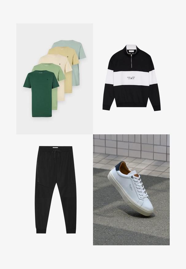 Pier One Melegítőfelső - jet black; Öt póló, zöldtől világos bézs színárnyalatban kiállítva. Pamutból készült, kerek nyakkal és rövid ujjakkal rendelkezik. Mindegyiken egy kis logó található.; Fekete sportnadrág texturált anyagból, állítható derékkal, cipzáras oldalzsebbel és szűkített szegéllyel.; Fehér bőr sneaker sötétkék sarkúval, kerek orral és kontrasztos barna részletekkel. Lapított fűzőkkel és textúrált gumitalppal rendelkezik.