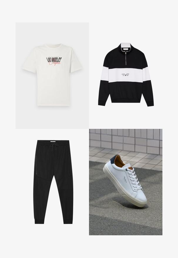 Pier One Felpa - jet black; T-shirt bianco in cotone con maniche corte e colletto rotondo. Presenta una grafica "Los Angeles California" in nero e rosso. Fit semplice e rilassato.; Pantaloni sportivi neri in tessuto texturizzato, dotati di una vita regolabile, tasca laterale con zip e polsini a gamba affusolata.; Sneaker bianca in pelle con tallone blu, punta rotonda e accenti marroni a contrasto. Presenta lacci piatti e suola in gomma testurizzata.