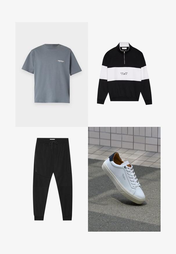 Pier One Sweatshirt - jet black; Gray cotton t-shirt with short sleeves, featuring a small white "ORIGINALS" logo on the left chest area. Simple crewneck design.; Black athletic pants made of textured fabric, featuring an adjustable waistband, zippered side pocket, and tapered cuffs.; White leather sneaker with a navy heel, round toe, and contrasting brown accents. Features flat laces and textured rubber sole.