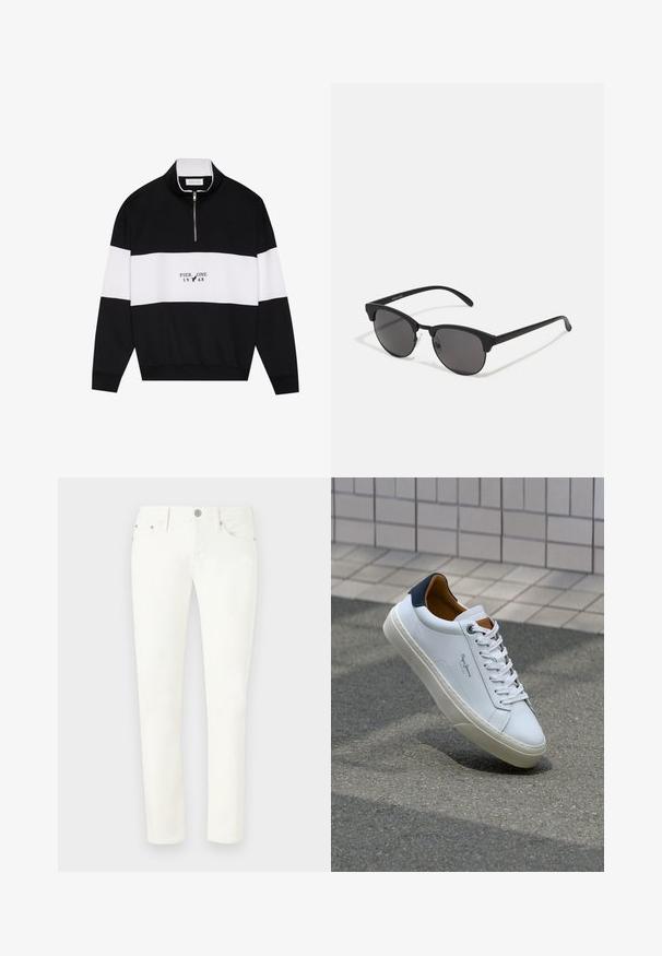 Pier One Sweatshirt - jet black; White denim jeans with a slim fit. Features include five pockets, a front button closure, and metal hardware accents. Smooth texture.; White leather sneaker with a navy heel, round toe, and contrasting brown accents. Features flat laces and textured rubber sole.; Black sunglasses with round lenses, matte finish, and distinctive cat-eye shape. Slim arms with subtle branding on the left temple.