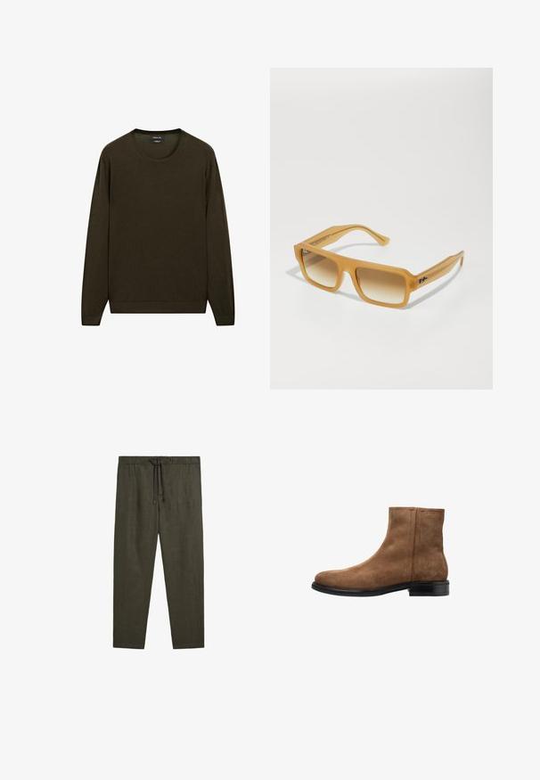 Ciemnozielony sweter z długim rękawem wykonany z miękkiego materiału, z okrągłym dekoltem oraz dzianinowymi mankietami i dołem. Prosty, jednokolorowy fason.; Massimo Dutti - Spodnie materiałowe; Ciemnobrązowy zamszowy botek na kostkę o gładkiej teksturze, zaokrąglonym nosku i czarnej gumowej podeszwie. Posiada boczny zamek błyskawiczny i minimalistyczne detale przeszyć.; Prostokątne okulary przeciwsłoneczne z przezroczystą, bursztynową ramą. Gradientowe brązowe soczewki i wyraźne zauszniki z akcentem logo. Gładkie, błyszczące wykończenie.