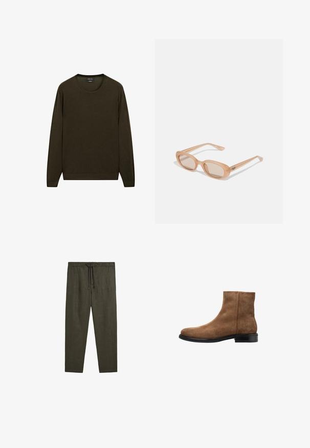 Pull à manches longues vert foncé en tissu doux, avec un col rond et des poignets et ourlet côtelés. Design simple et couleur unie.; Massimo Dutti JOGGER FIT - Pantalon classique - dark green; Bottine en suède marron avec une texture lisse, bout rond et semelle en caoutchouc noir. Présente une fermeture éclair sur le côté et des détails de couture minimaux.; Lunettes de soleil avec une monture brun clair transparente, des verres ovales et des branches fines avec un logo subtil gravé. Fini mat avec un design minimaliste.
