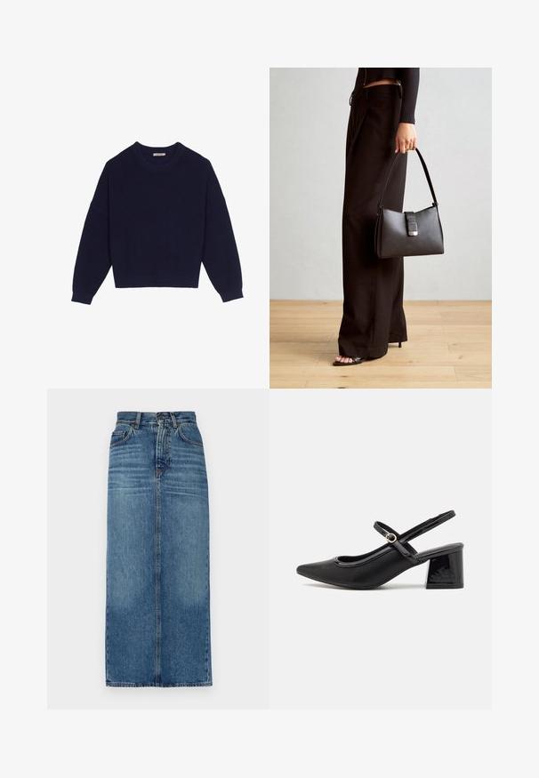 Mornarsko modra pletena jopica z rebrasto teksturo, okroglim ovratnikom, spuščeni rameni in krajšo dolžino. Mehka tkanina z dolgimi rokavi.; Jeanskrilo, srednje dolžine, svetlo modrega pranja, visokega pasu, zasnova s petimi žepi, ravno krojena, z bledim videzom in vidnimi šivi.; Črne patentne usnjene salonarce s slingback obliko, s koničastim nosom, zaobljenim izrezom in blok peto. Imajo zlato kovinsko zaponko kot dodatno okrasje.; Črna torbica z strukturirano obliko, gladko teksturo in kovinskim zaponko. Ujemajo se z širokimi črnimi hlačami in odprtimi sandali na lesenem tleh.