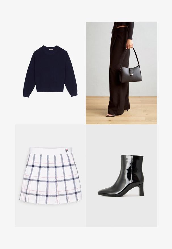 Suéter de punto azul marino con textura acanalada, escote redondo, hombros caídos y dobladillo corto. Tejido suave con mangas largas.; Falda blanca con pliegues y un patrón de cuadros en azul marino y rojo, que cuenta con una cinturilla elástica y el logo de la marca en la cinturilla.; Botín de charol negro con punta afilada y un tacón de bloque de altura media. Textura suave y diseño minimalista.; Bolso negro con forma estructurada, textura suave y un cierre metálico. Combinado con pantalones anchos negros y sandalias de dedo en un suelo de madera.